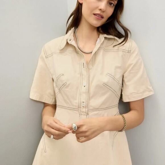 ROSETTA GETTY Beige Twill Cotton Short Sleeve Button Front Dress Size 6 - Picture 6 of 11